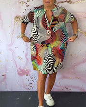 Women's Abstract Wave Print Shirt Dress V-Neck Half Sleeve Casual Midi