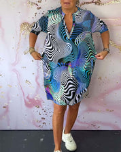 Women's Abstract Wave Print Shirt Dress V-Neck Half Sleeve Casual Midi
