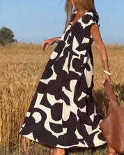 Women's Abstract Print Relaxed Midi Dress V-Neck Short Sleeve Casual Loose Fit