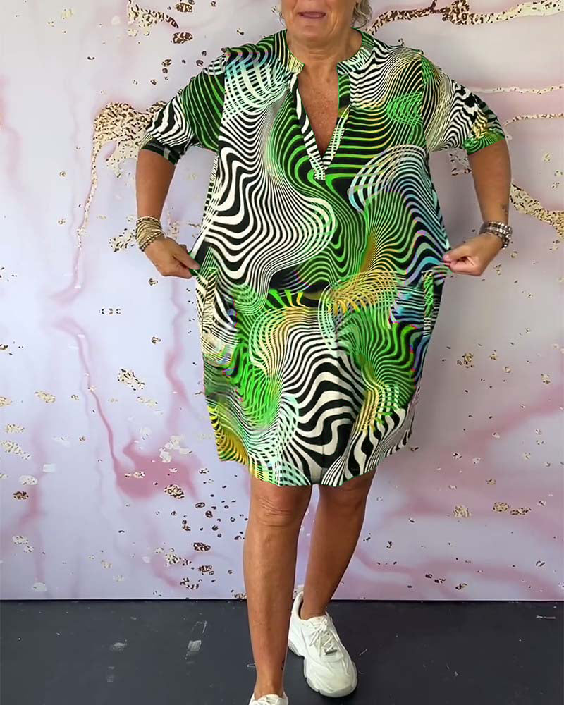 Women's Abstract Wave Print Shirt Dress V-Neck Half Sleeve Casual Midi