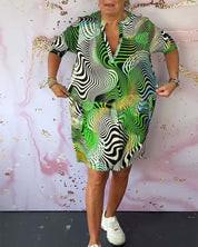Women's Abstract Wave Print Shirt Dress V-Neck Half Sleeve Casual Midi