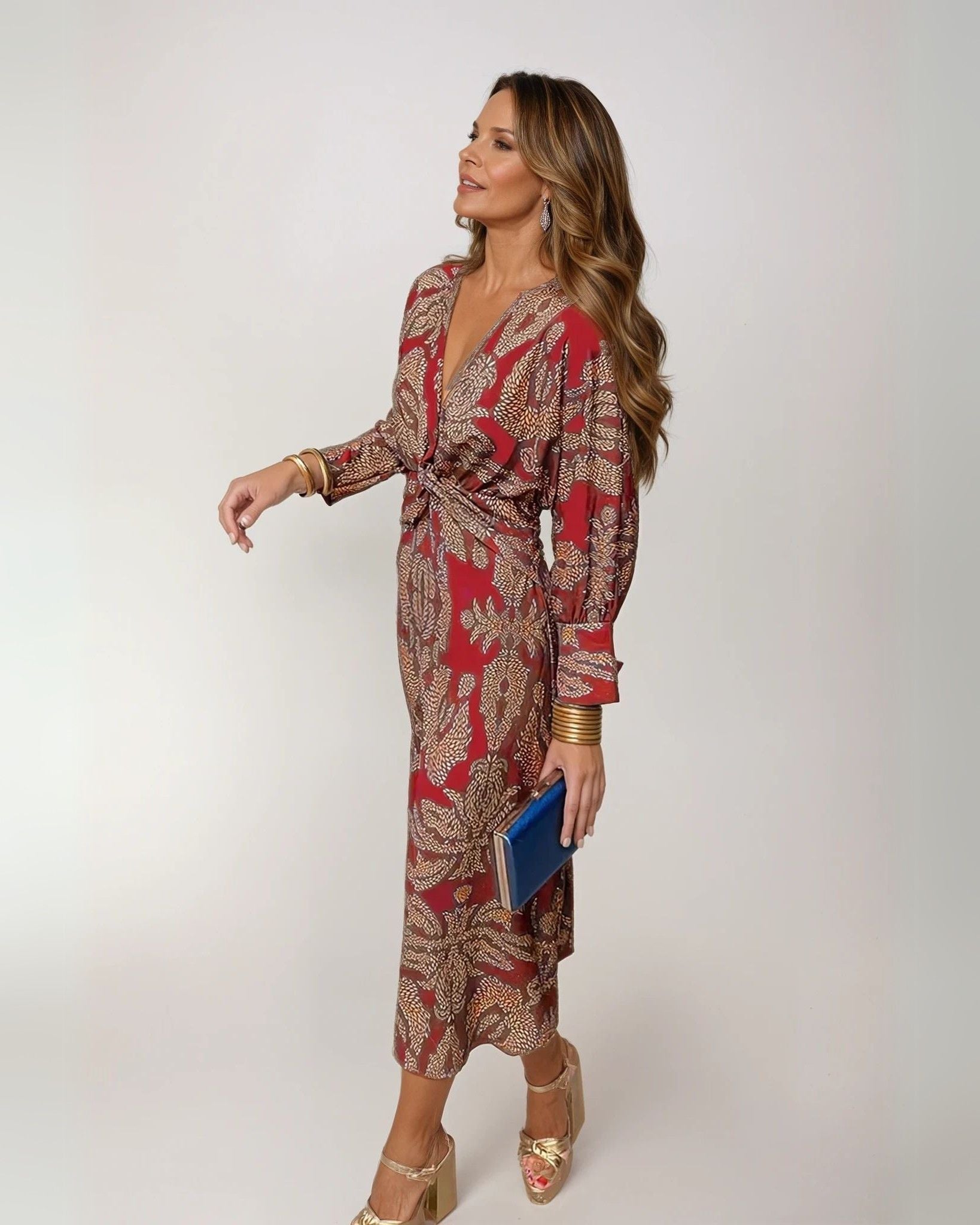 Women's Elegant Midi Wedding Guest Dress with Tie Waist