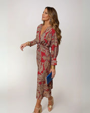 Women's Elegant Midi Wedding Guest Dress with Tie Waist