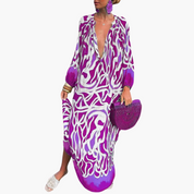 Women's Abstract Print Beach Maxi Dress Deep V-Neck Kaftan Sleeve Oversized