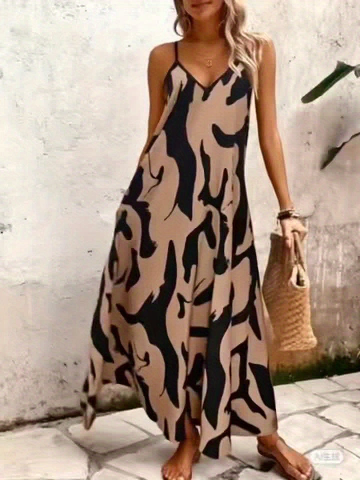 Women's Camo Print Maxi Dress Spaghetti Strap V-Neck Flowy A-Line Sleeveless