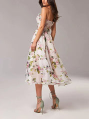 Women's Floral Midi Wedding Guest Dress with Ruffle Hem