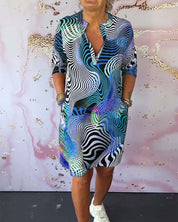 Women's Abstract Wave Print Shirt Dress V-Neck Half Sleeve Casual Midi