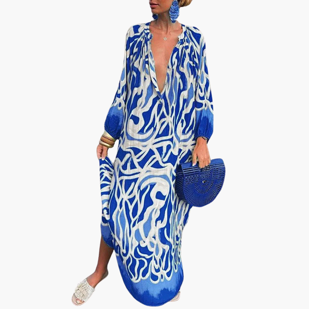 Women's Abstract Print Beach Maxi Dress Deep V-Neck Kaftan Sleeve Oversized