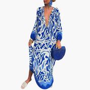 Women's Abstract Print Beach Maxi Dress Deep V-Neck Kaftan Sleeve Oversized
