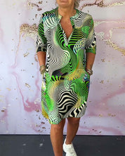 Women's Abstract Wave Print Shirt Dress V-Neck Half Sleeve Casual Midi