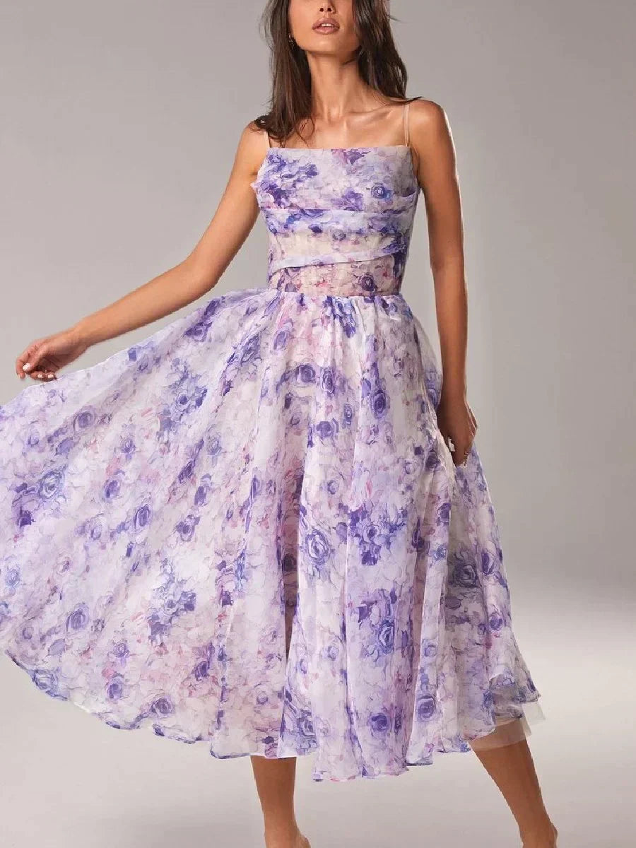 Women's Floral Midi Wedding Guest Dress with Ruffle Hem
