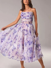 Women's Floral Midi Wedding Guest Dress with Ruffle Hem
