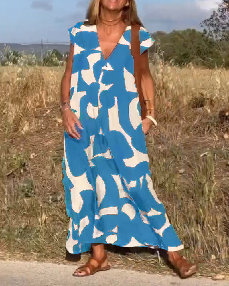 Women's Abstract Print Relaxed Midi Dress V-Neck Short Sleeve Casual Loose Fit