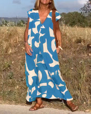 Women's Abstract Print Relaxed Midi Dress V-Neck Short Sleeve Casual Loose Fit