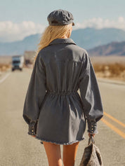 Women's Casual Western Lapel Button-Front Washed Denim Mini Dress