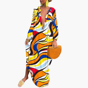 Women's Abstract Print Beach Maxi Dress Deep V-Neck Kaftan Sleeve Oversized