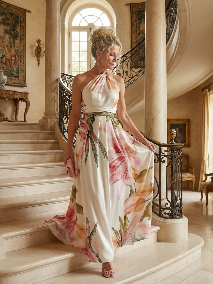 Women's Breezy Halter-Neck Light Floral Maxi Dress