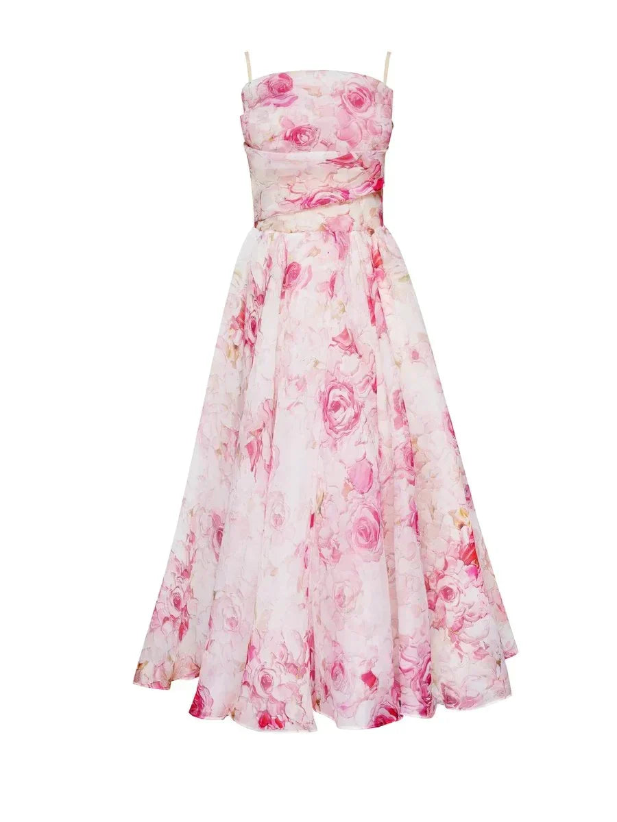 Women's Floral Midi Wedding Guest Dress with Ruffle Hem