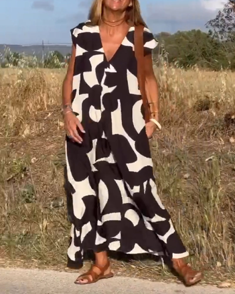 Women's Abstract Print Relaxed Midi Dress V-Neck Short Sleeve Casual Loose Fit