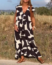 Women's Abstract Print Relaxed Midi Dress V-Neck Short Sleeve Casual Loose Fit