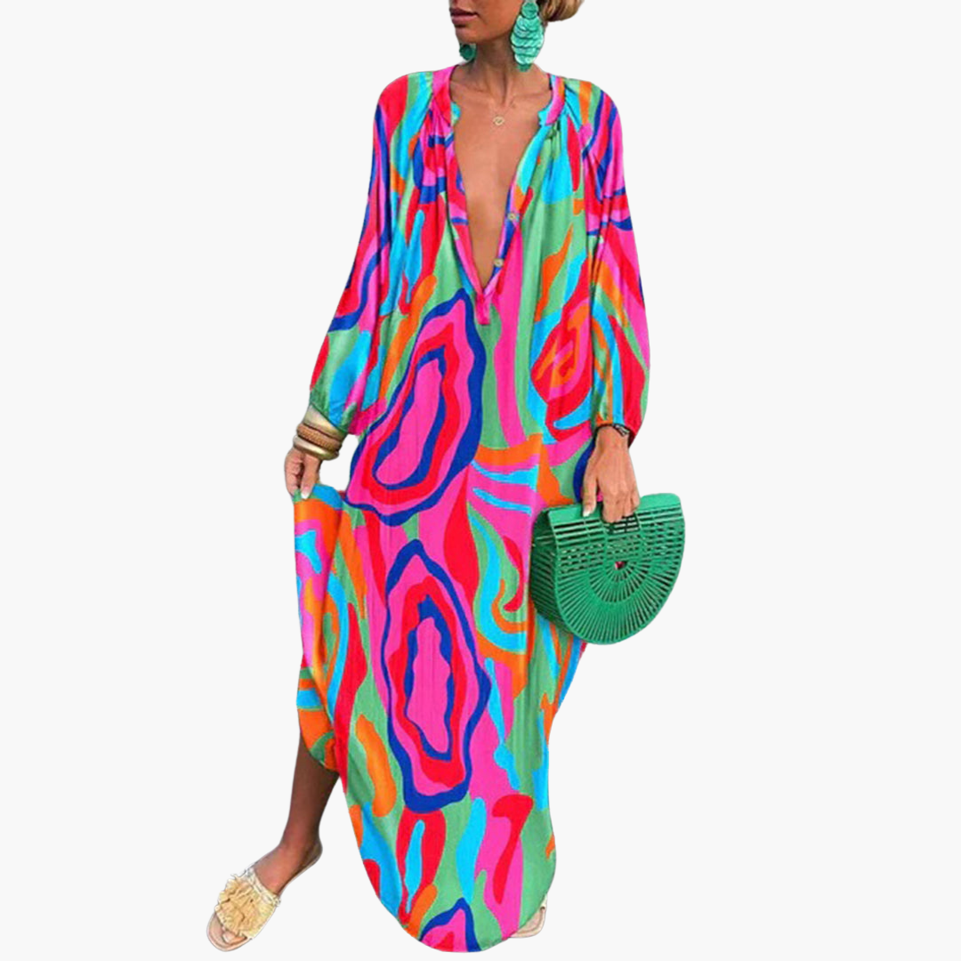 Women's Abstract Print Beach Maxi Dress Deep V-Neck Kaftan Sleeve Oversized