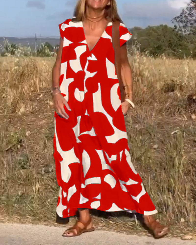 Women's Abstract Print Relaxed Midi Dress V-Neck Short Sleeve Casual Loose Fit