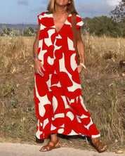 Women's Abstract Print Relaxed Midi Dress V-Neck Short Sleeve Casual Loose Fit