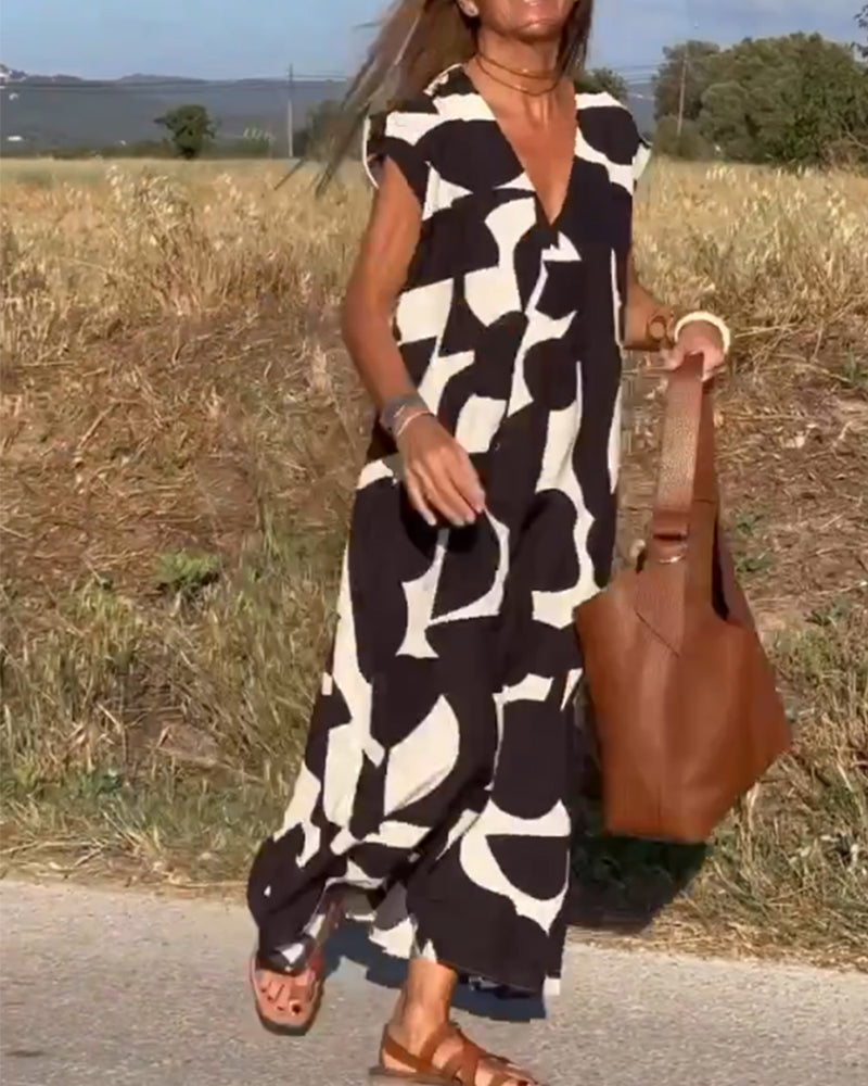 Women's Abstract Print Relaxed Midi Dress V-Neck Short Sleeve Casual Loose Fit