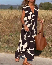 Women's Abstract Print Relaxed Midi Dress V-Neck Short Sleeve Casual Loose Fit