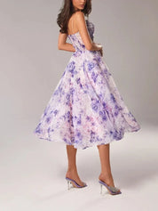 Women's Floral Midi Wedding Guest Dress with Ruffle Hem