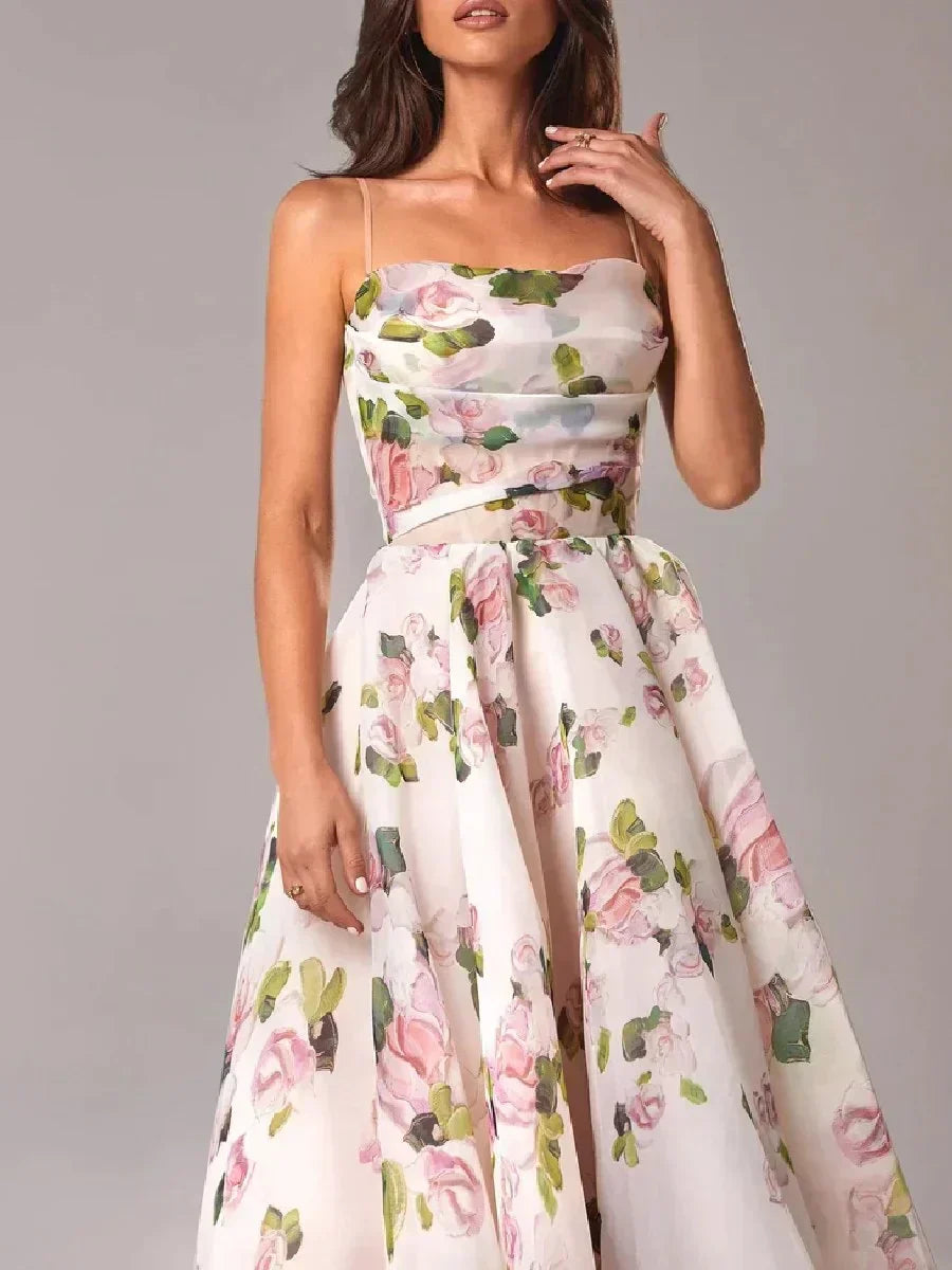 Women's Floral Midi Wedding Guest Dress with Ruffle Hem