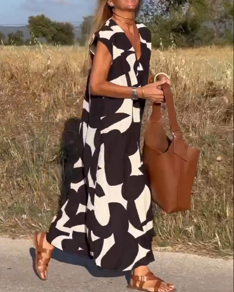 Women's Abstract Print Relaxed Midi Dress V-Neck Short Sleeve Casual Loose Fit