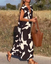 Women's Abstract Print Relaxed Midi Dress V-Neck Short Sleeve Casual Loose Fit
