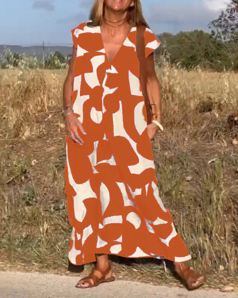 Women's Abstract Print Relaxed Midi Dress V-Neck Short Sleeve Casual Loose Fit