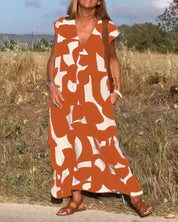 Women's Abstract Print Relaxed Midi Dress V-Neck Short Sleeve Casual Loose Fit