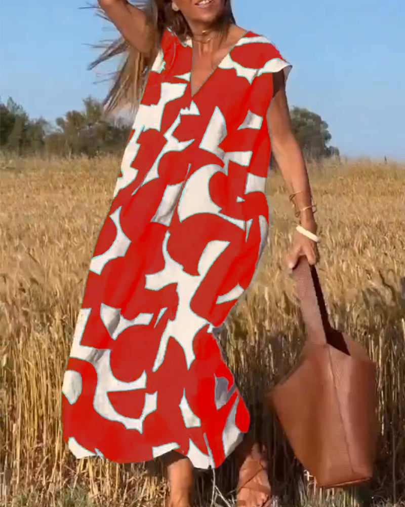 Women's Abstract Print Relaxed Midi Dress V-Neck Short Sleeve Casual Loose Fit