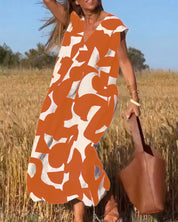 Women's Abstract Print Relaxed Midi Dress V-Neck Short Sleeve Casual Loose Fit