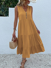 Women's Elegant Summer Dress Sleeveless V-Neck Tiered Flowy Midi Button Front
