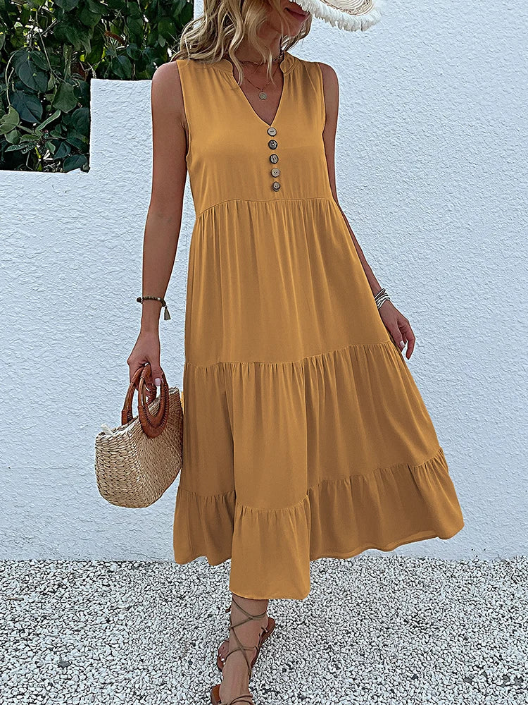 Women's Elegant Summer Dress Sleeveless V-Neck Tiered Flowy Midi Button Front