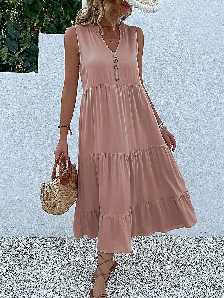 Women's Elegant Summer Dress Sleeveless V-Neck Tiered Flowy Midi Button Front
