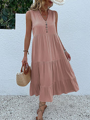 Women's Elegant Summer Dress Sleeveless V-Neck Tiered Flowy Midi Button Front