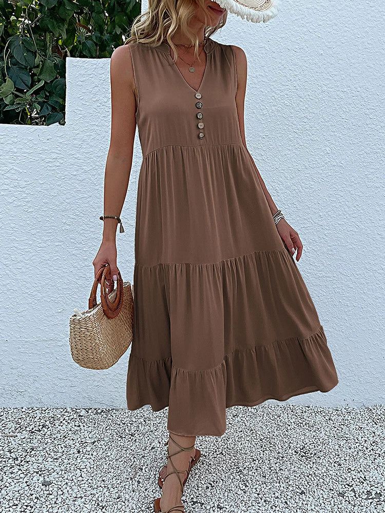 Women's Elegant Summer Dress Sleeveless V-Neck Tiered Flowy Midi Button Front