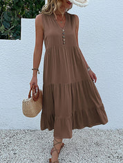 Women's Elegant Summer Dress Sleeveless V-Neck Tiered Flowy Midi Button Front