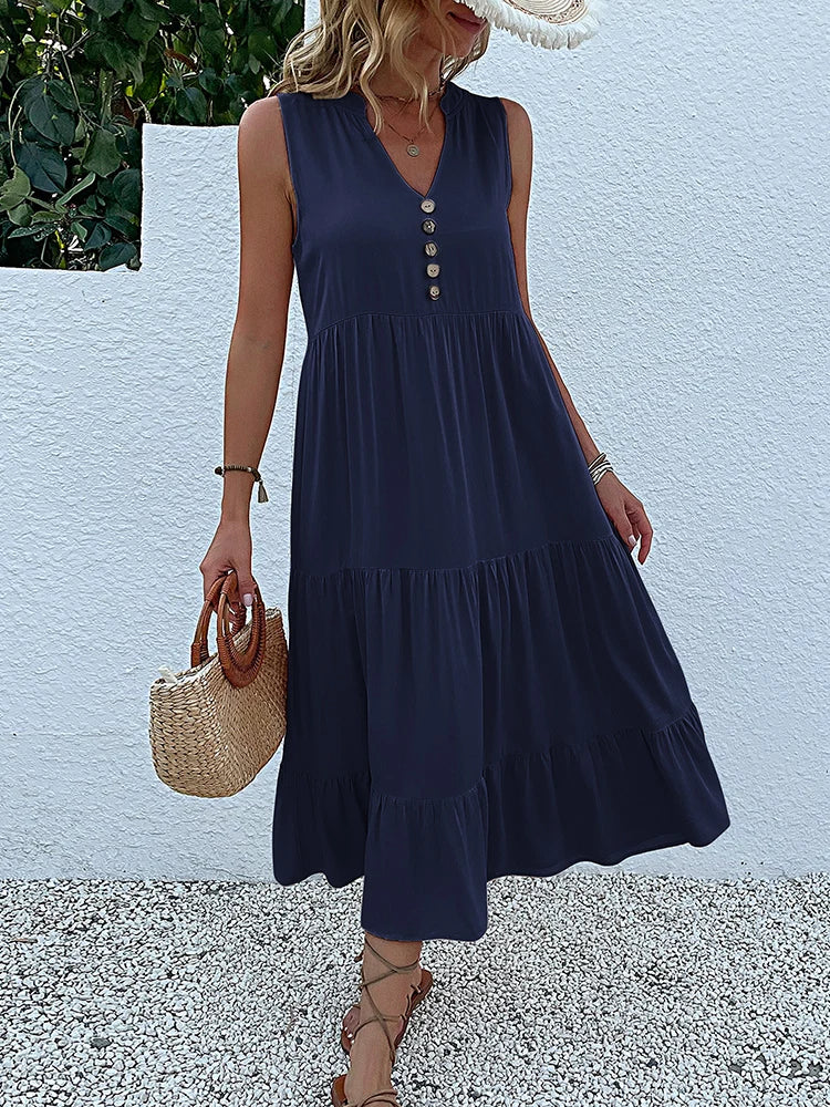 Women's Elegant Summer Dress Sleeveless V-Neck Tiered Flowy Midi Button Front