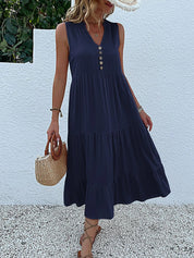 Women's Elegant Summer Dress Sleeveless V-Neck Tiered Flowy Midi Button Front