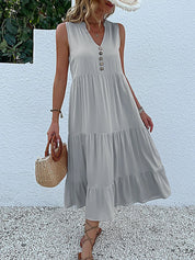 Women's Elegant Summer Dress Sleeveless V-Neck Tiered Flowy Midi Button Front