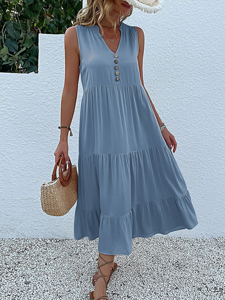 Women's Elegant Summer Dress Sleeveless V-Neck Tiered Flowy Midi Button Front