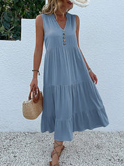 Women's Elegant Summer Dress Sleeveless V-Neck Tiered Flowy Midi Button Front