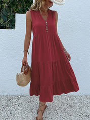 Women's Elegant Summer Dress Sleeveless V-Neck Tiered Flowy Midi Button Front