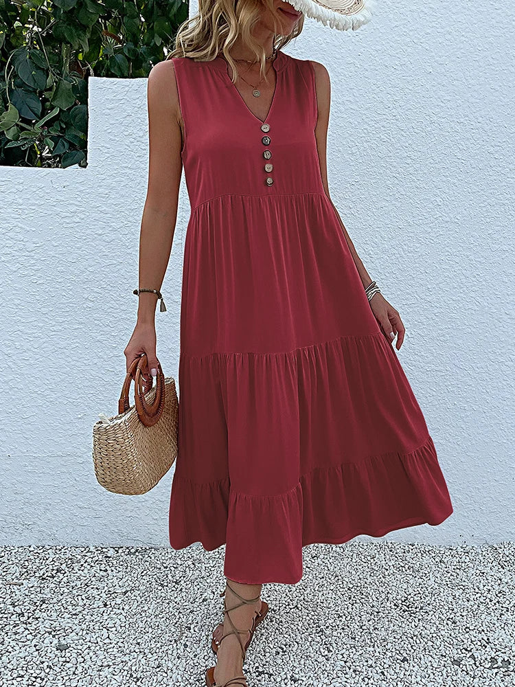 Women's Elegant Summer Dress Sleeveless V-Neck Tiered Flowy Midi Button Front